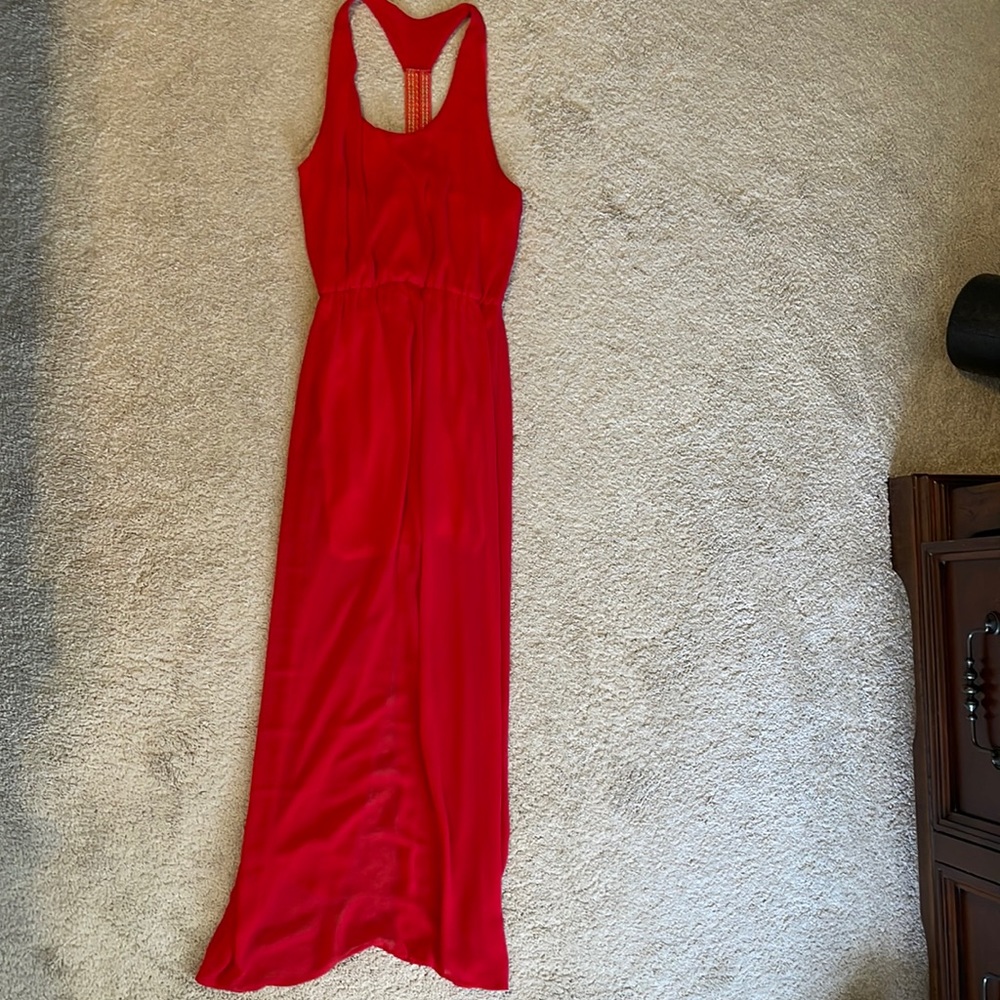 Red beaded racer back maxi dress.